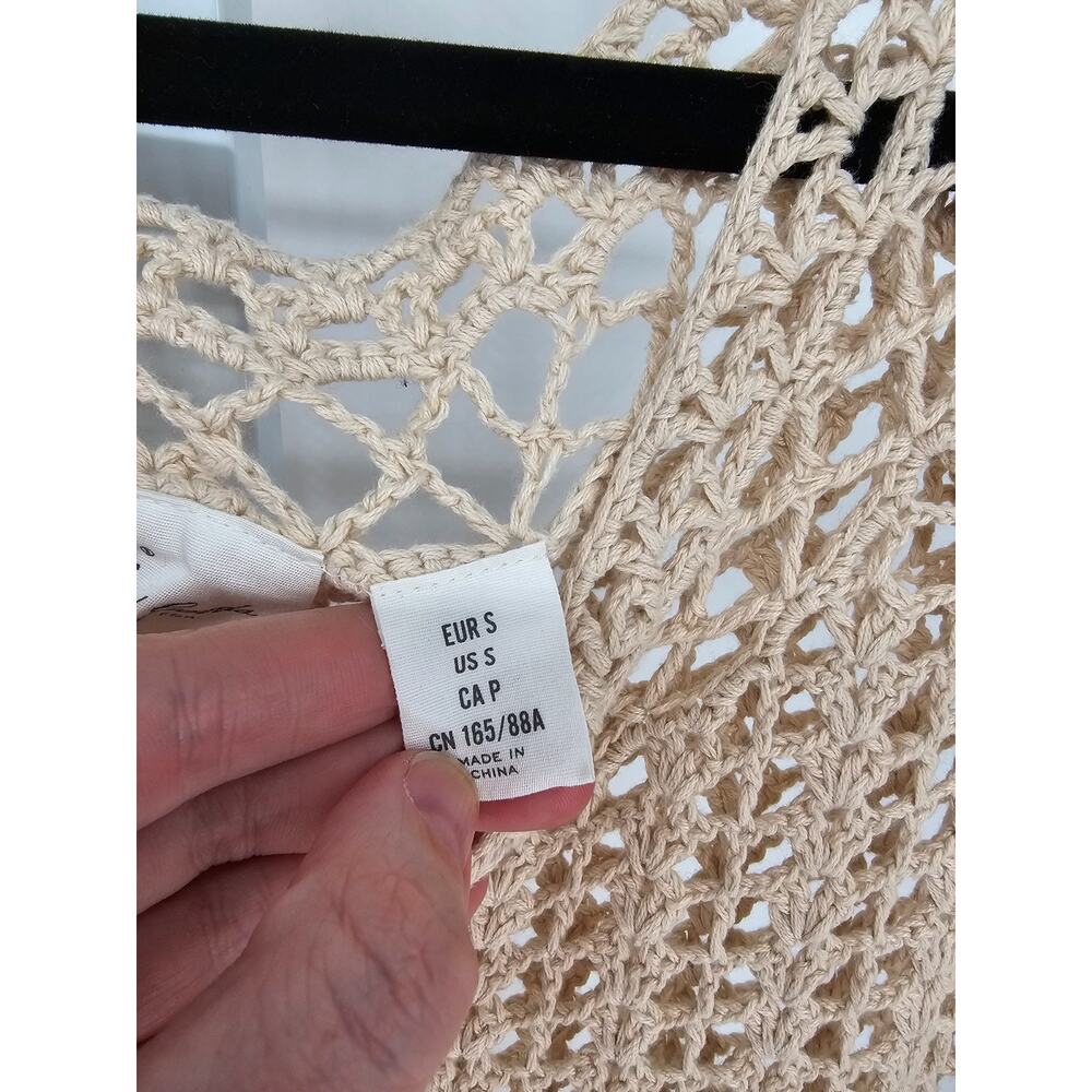LOGG for H&M Womens Sz S Midi Legnth Boho Crochet Dress Beige Tan Short Sleeve - Picture 4 of 5